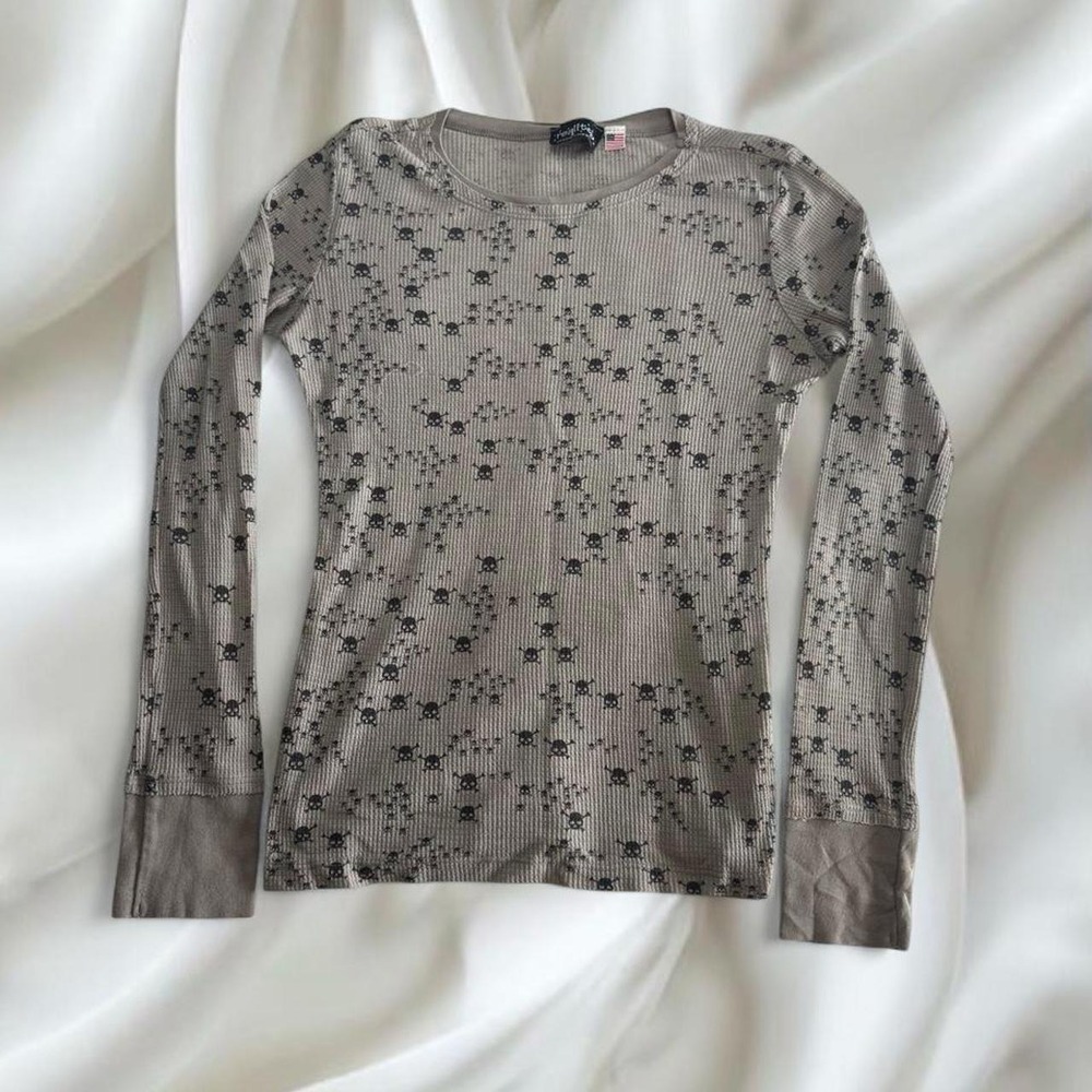 Y2K vintage all over skull graphic henley waffle knit long sweater grunge emo